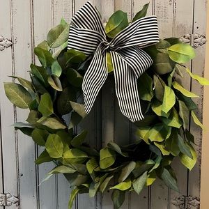 GREENERY WREATH WITH STRIPED BOW
